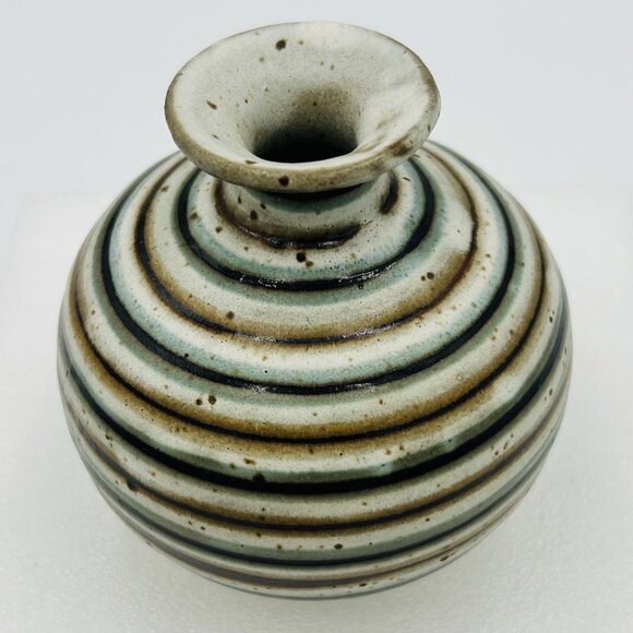 Otagiri OMC Japan Miniature 4" Bud Vase Blue Brown Striped Gold Sticker Vintage - Picture 2 of 6